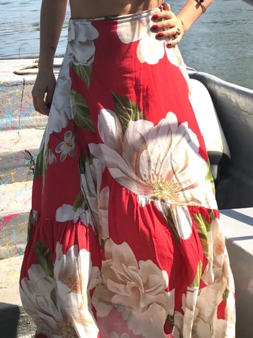 Farm Rio Boho Tropical Floral Red Maxi Skirt - Picture 2 of 8